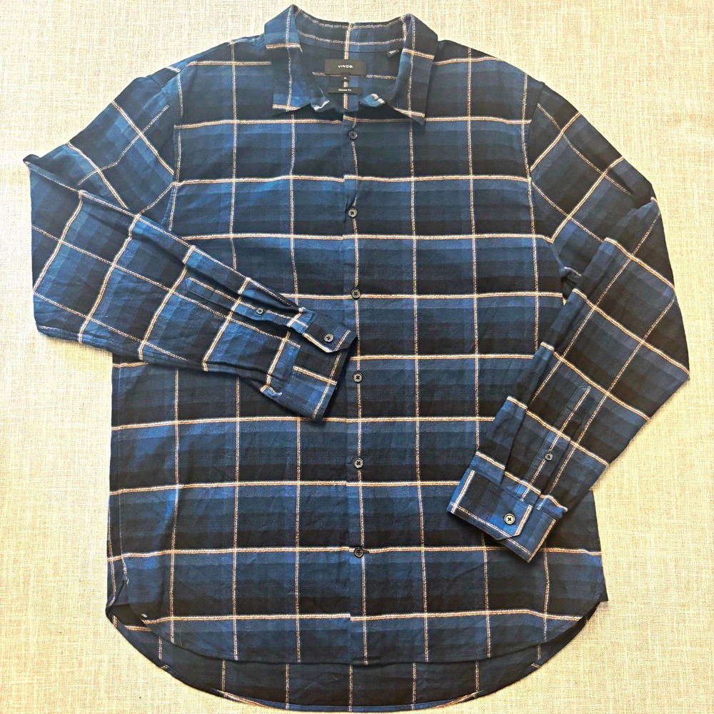 Vince. Men's XL Classic Fit Blue Plaid Flannel Cotton Long Sleeve Button-Up
